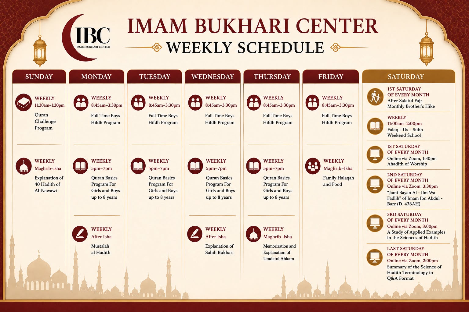 Imam Bukhari Centre Weekly Schedule