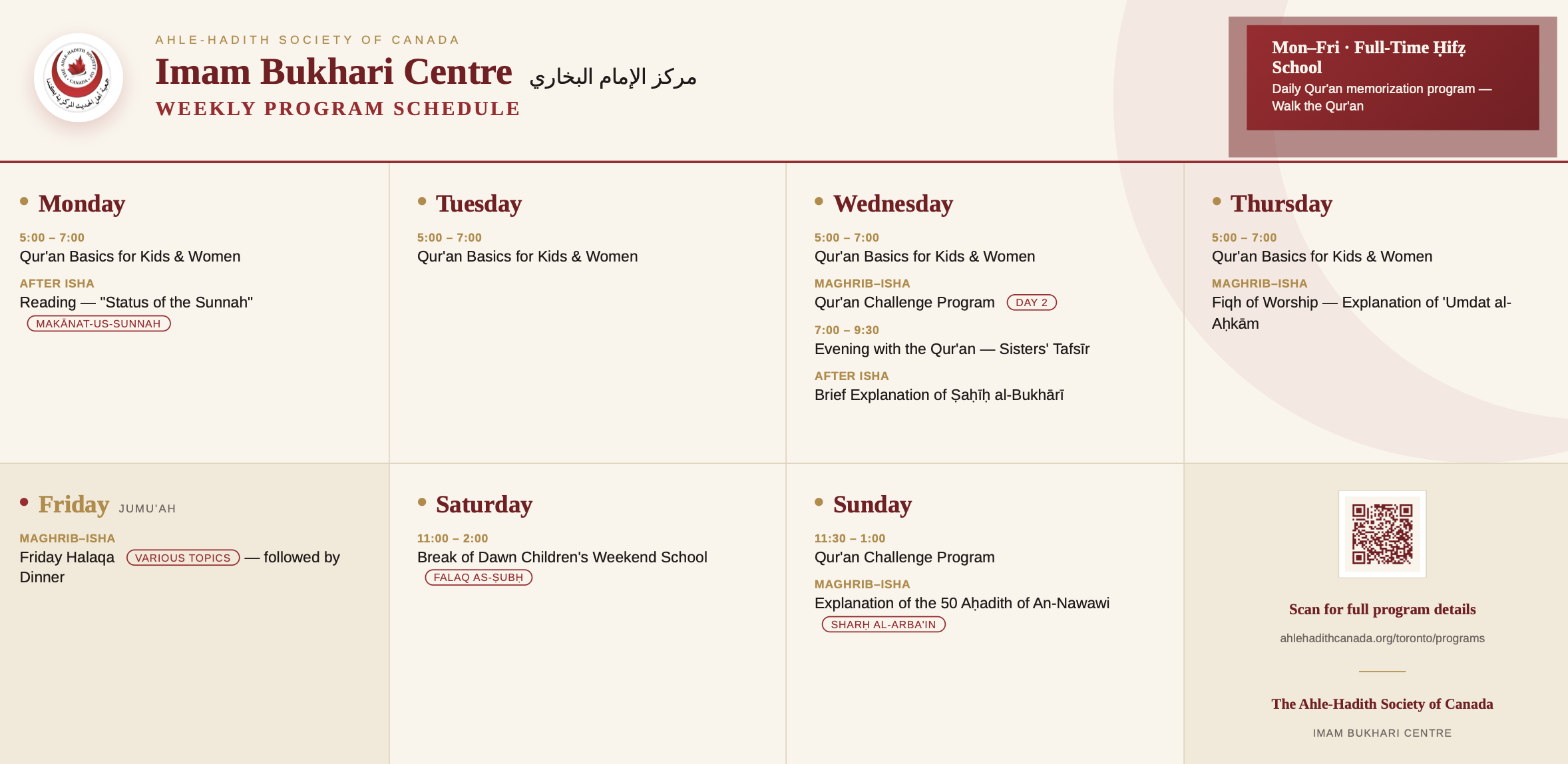 Imam Bukhari Centre Weekly Schedule